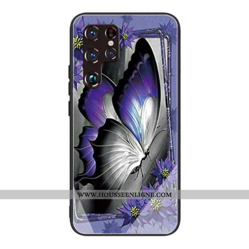 Coque Samsung Galaxy S22 Ultra 5G Verre Trempé Papillon Violet