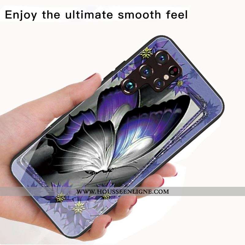 Coque Samsung Galaxy S22 Ultra 5G Verre Trempé Papillon Violet