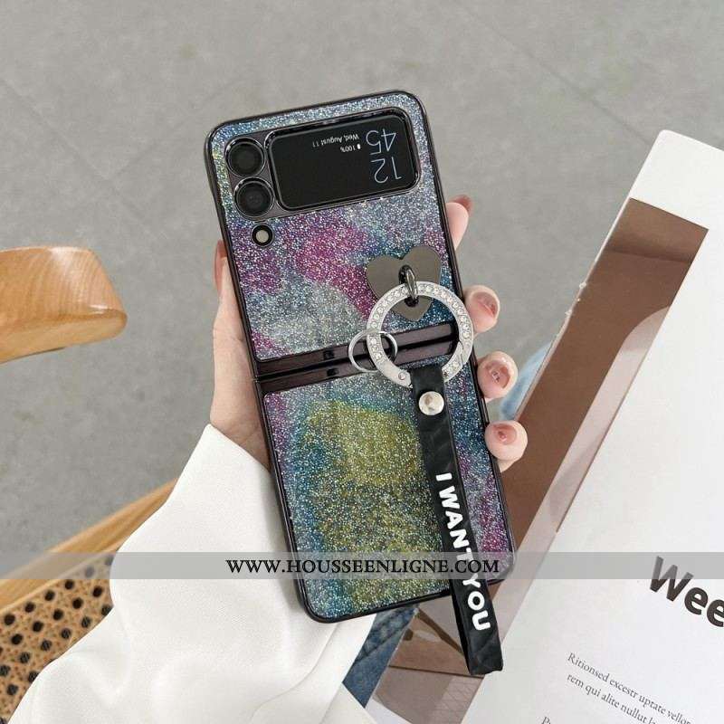 Coque Samsung Galaxy Z Flip 3 5G Paillettes, Breloques et Lanière