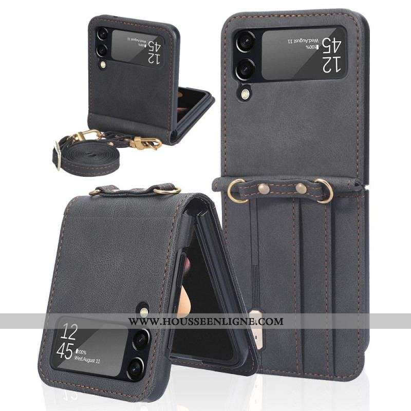 Coque Samsung Galaxy Z Flip 3 5G Style Cuir Porte-Cartes et Lanière