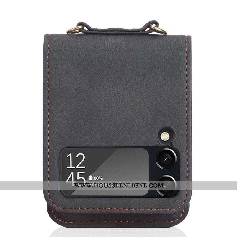 Coque Samsung Galaxy Z Flip 3 5G Style Cuir Porte-Cartes et Lanière