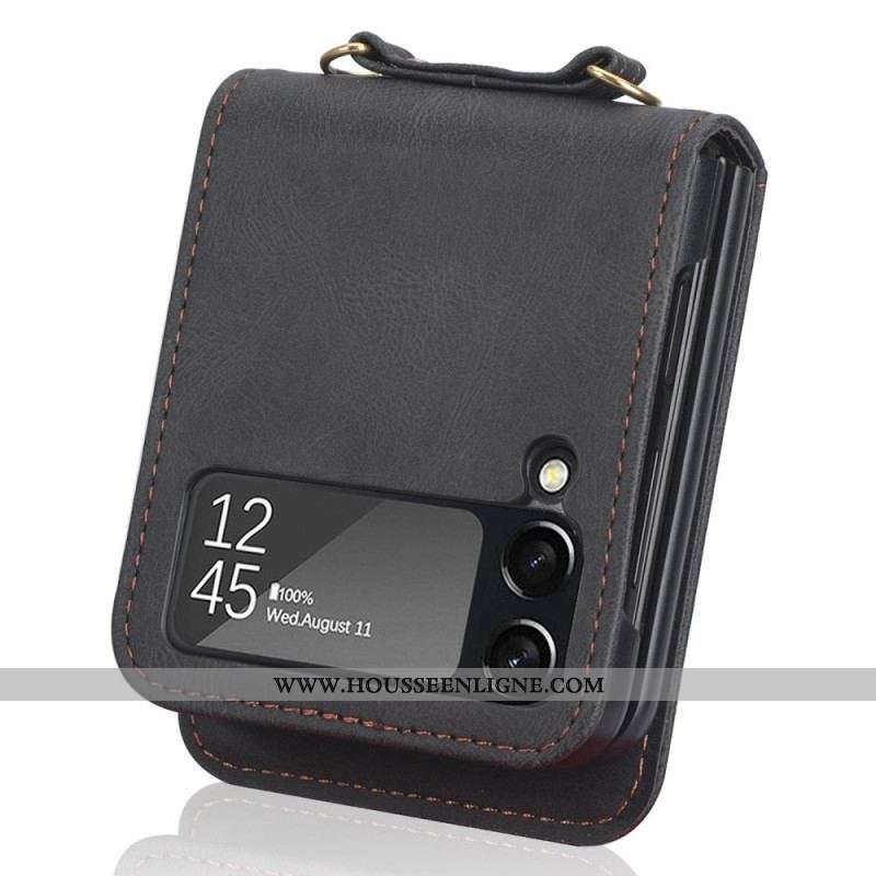 Coque Samsung Galaxy Z Flip 3 5G Style Cuir Porte-Cartes et Lanière