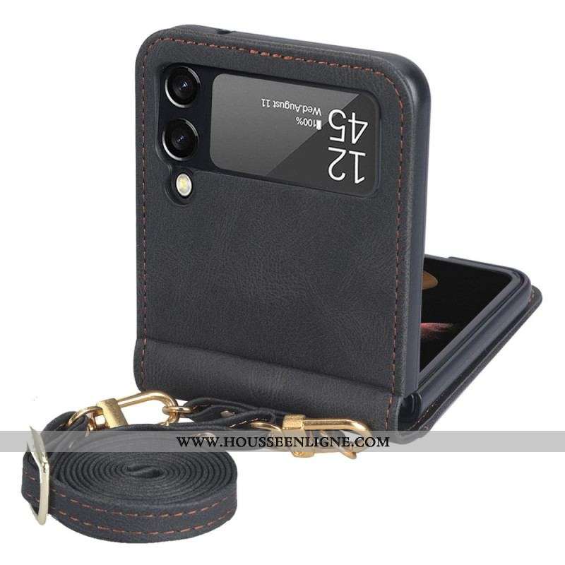 Coque Samsung Galaxy Z Flip 3 5G Style Cuir Porte-Cartes et Lanière