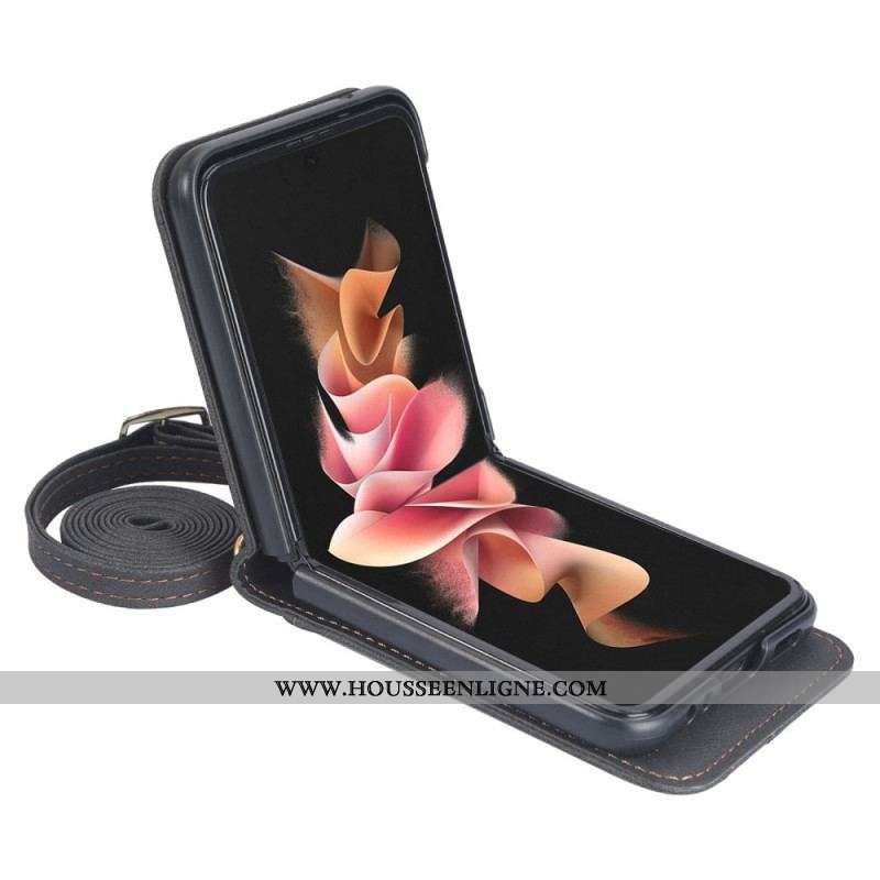 Coque Samsung Galaxy Z Flip 3 5G Style Cuir Porte-Cartes et Lanière