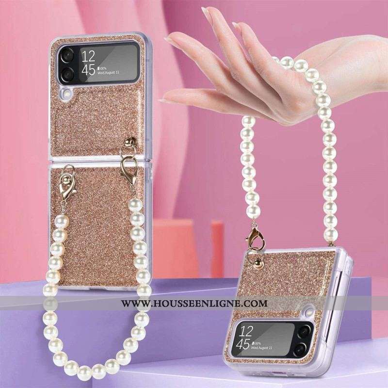 Coque Samsung Galaxy Z Flip 4 Paillettes Lanière en Perles