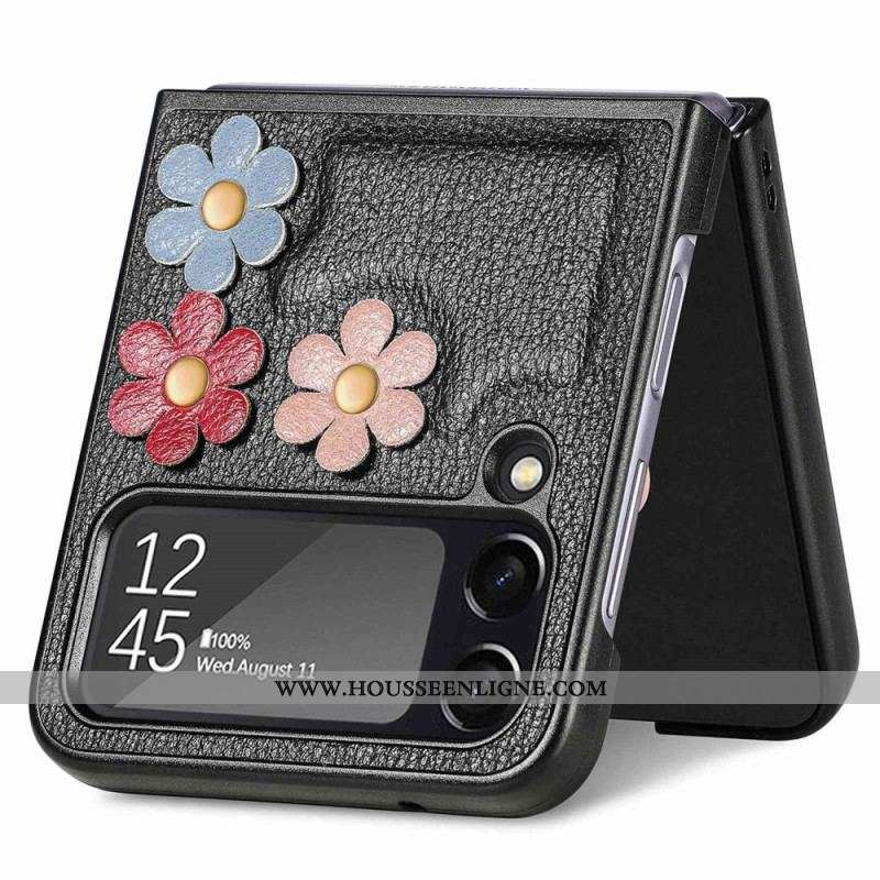 Coque Samsung Galaxy Z Flip 4 Simili Cuir Fleurs