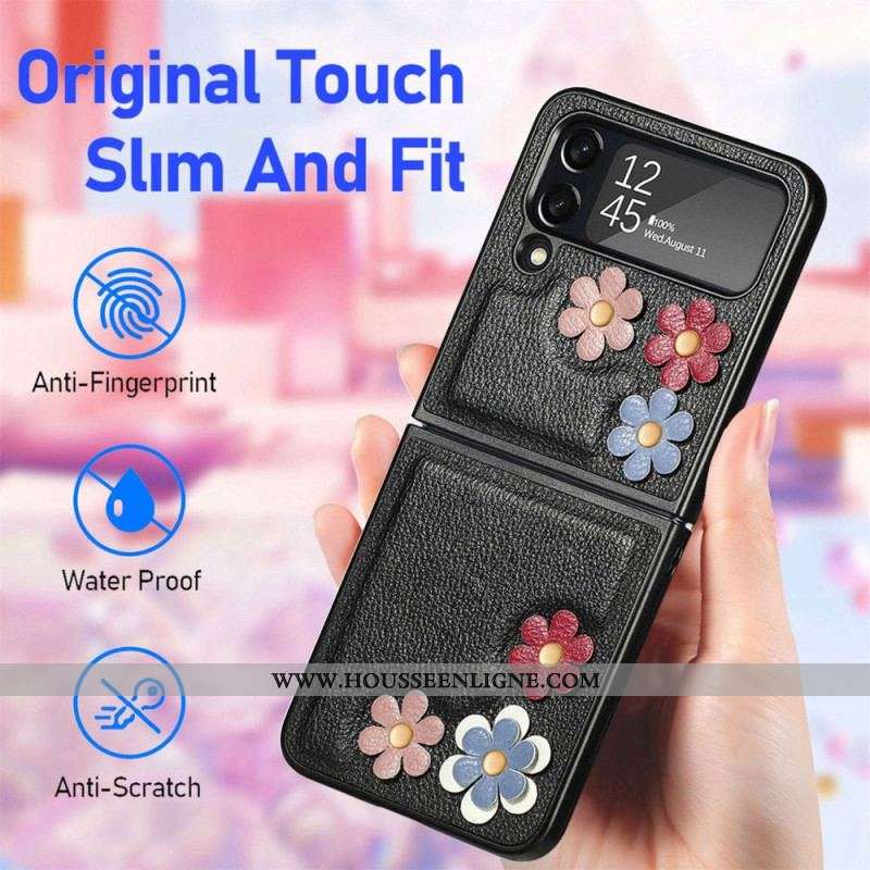 Coque Samsung Galaxy Z Flip 4 Simili Cuir Fleurs