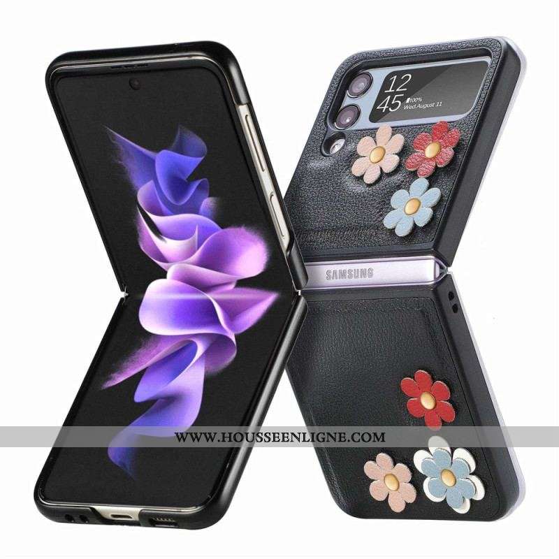 Coque Samsung Galaxy Z Flip 4 Simili Cuir Fleurs