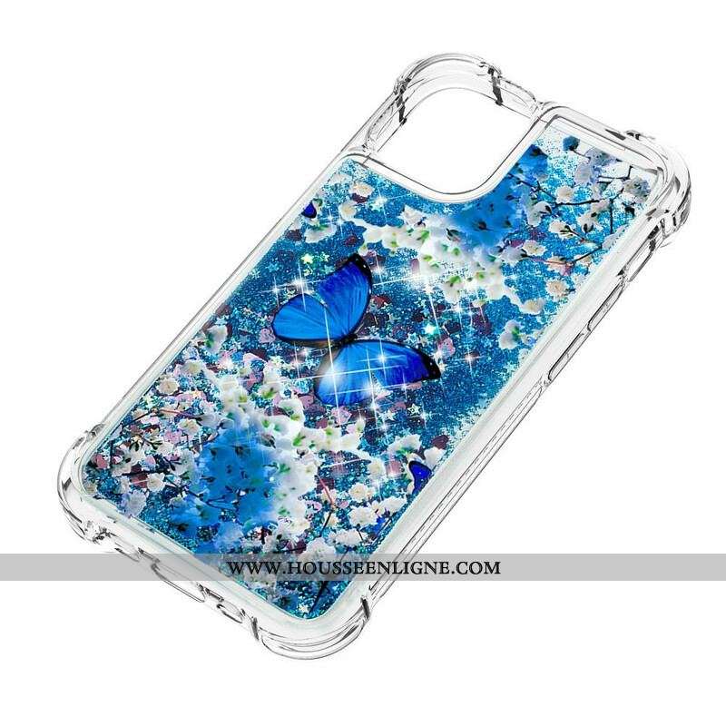 Coque iPhone 13 Mini Papillons Bleus Paillettes