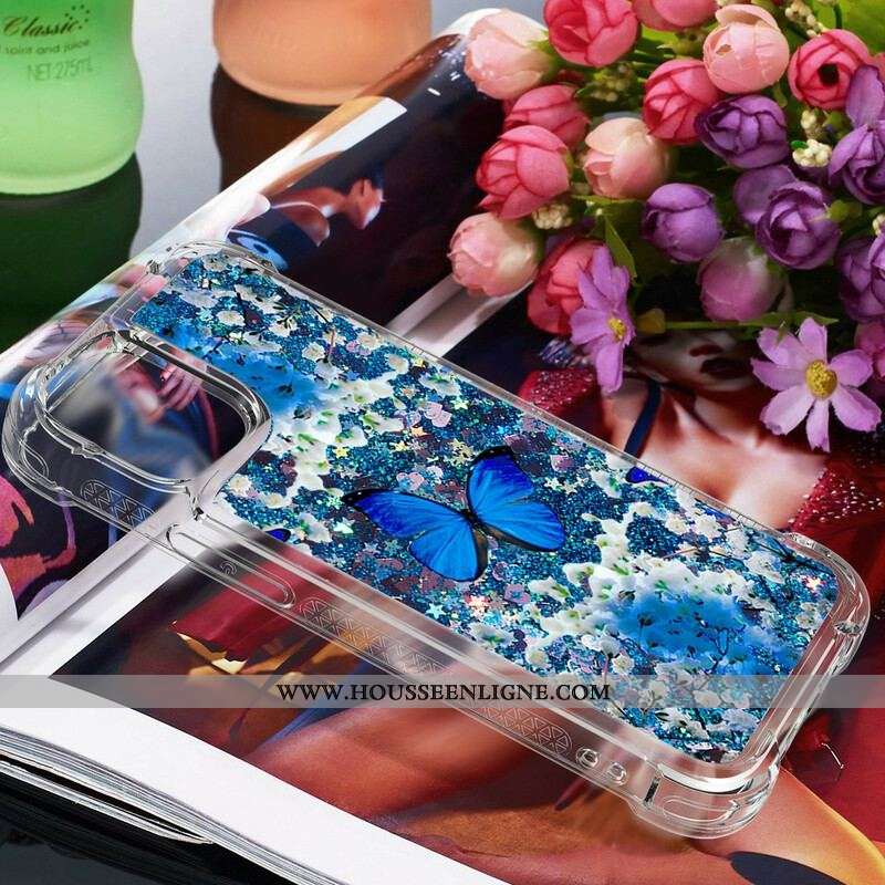 Coque iPhone 13 Mini Papillons Bleus Paillettes