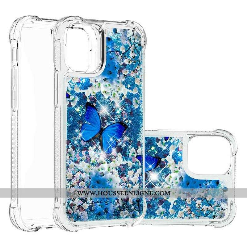 Coque iPhone 13 Pro Max Papillons Bleus Paillettes