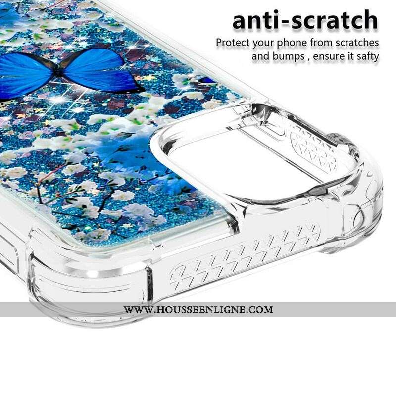 Coque iPhone 13 Pro Max Papillons Bleus Paillettes