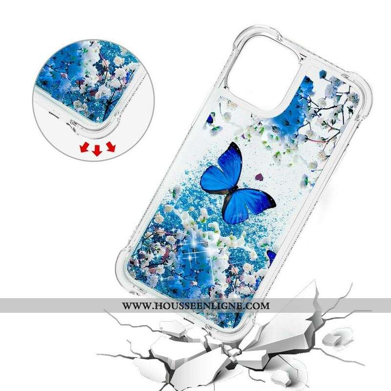 Coque iPhone 13 Pro Max Papillons Bleus Paillettes