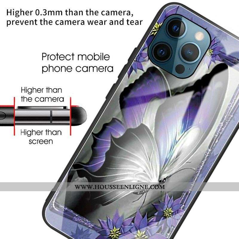 Coque iPhone 13 Pro Verre Trempé Papillon Violet