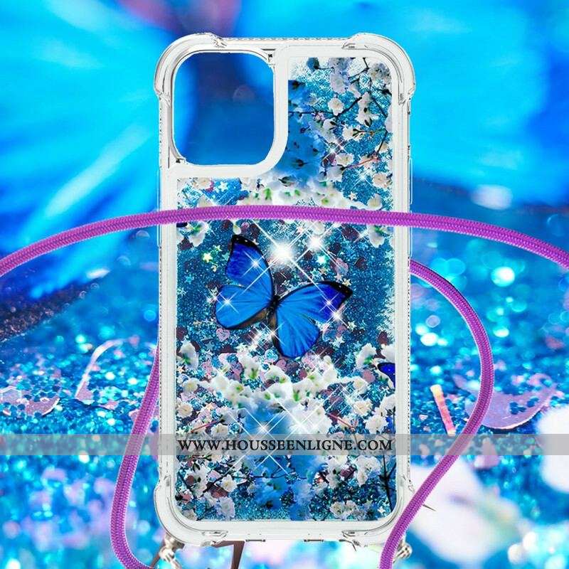 Coque iPhone 13 Pro à Cordon Paillettes Papillons