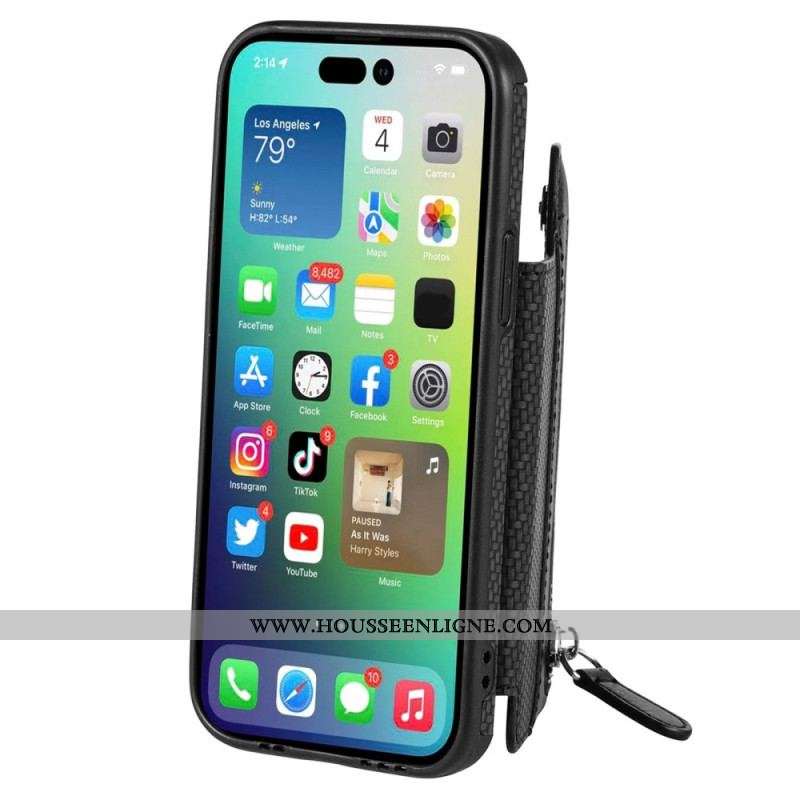 Coque iPhone 14 Pro Fibre Carbone Portefeuille et Support