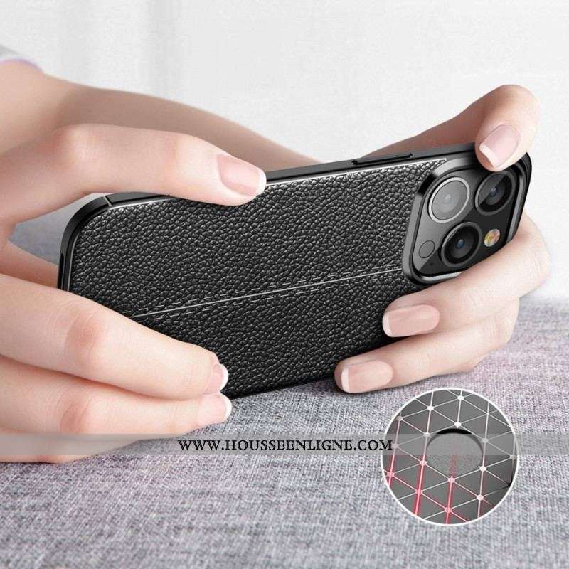 Coque iPhone 14 Pro Max Effet Cuir Litchi Double Line