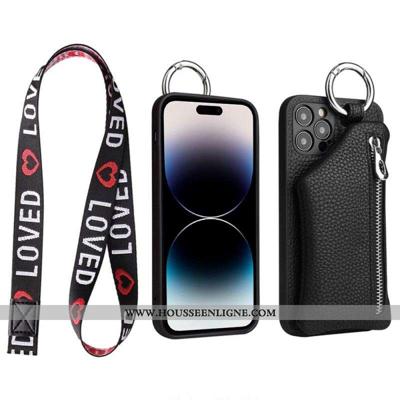 Coque iPhone 14 Pro Max Porte Monnaie et Lanière