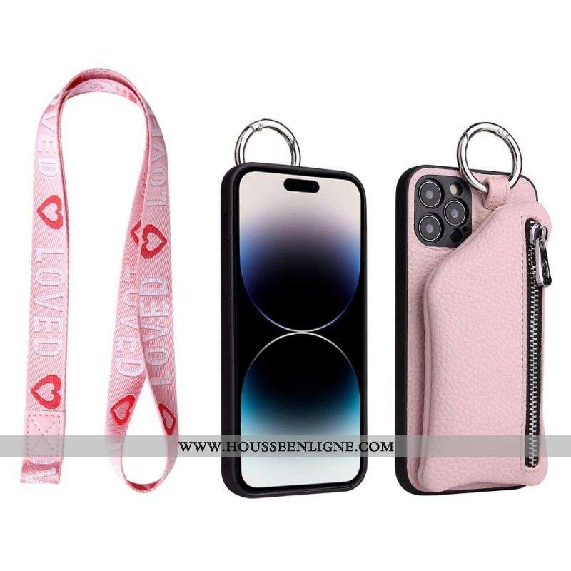 Coque iPhone 14 Pro Max Porte Monnaie et Lanière