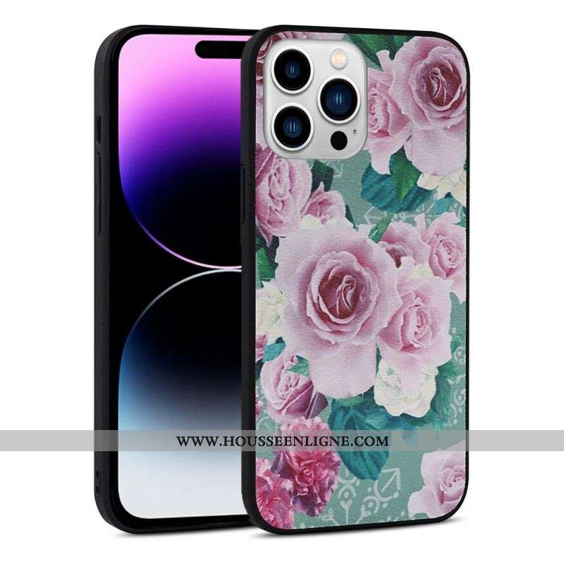 Coque iPhone 14 Pro Simili Cuir Florale