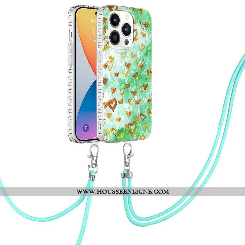 Coque iPhone 14 Pro à Cordon Coeurs Stylés