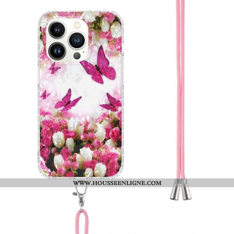 Coque iPhone 14 Pro à Cordon Papillons Stylés