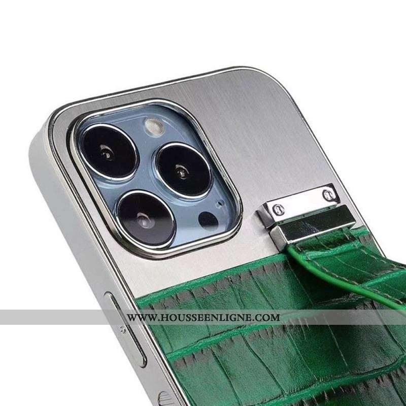 Coque iPhone 14 Simili Cuir Crocodile avec Sangle Support