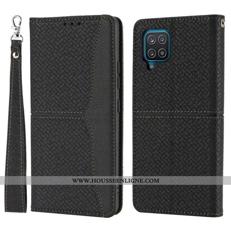 Flip Cover Samsung Galaxy A12 / M12 Style Cuir Tissée à Lanière