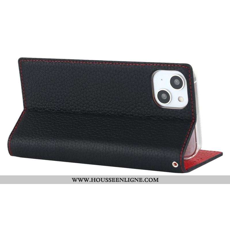 Flip Cover iPhone 14 Cuir Litchi Véritable à Lanière