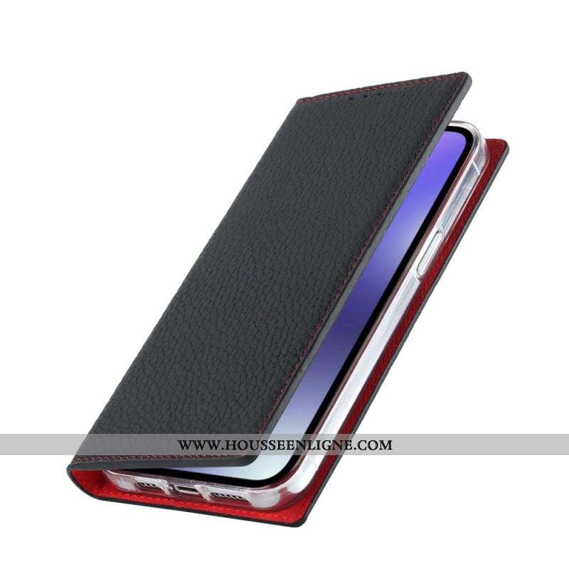 Flip Cover iPhone 14 Cuir Litchi Véritable à Lanière