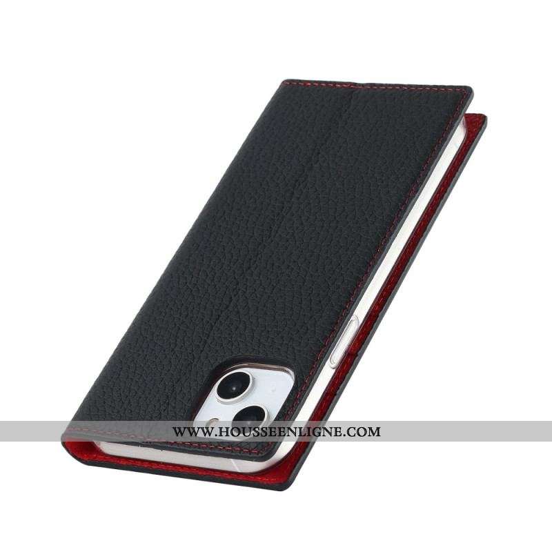 Flip Cover iPhone 14 Cuir Litchi Véritable à Lanière