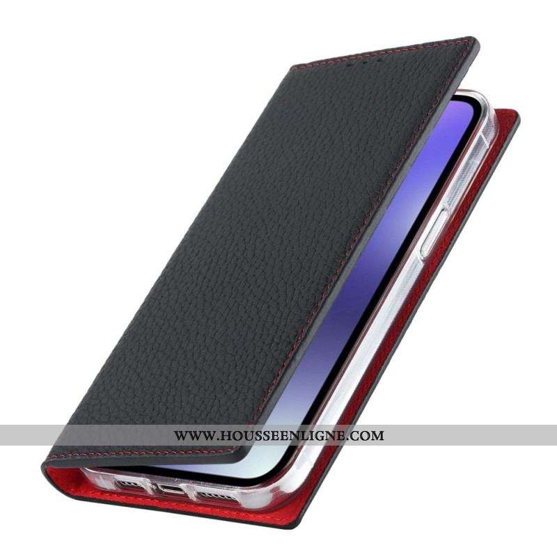 Flip Cover iPhone 14 Plus Cuir Litchi Véritable à Lanière