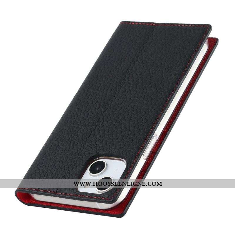 Flip Cover iPhone 14 Plus Cuir Litchi Véritable à Lanière