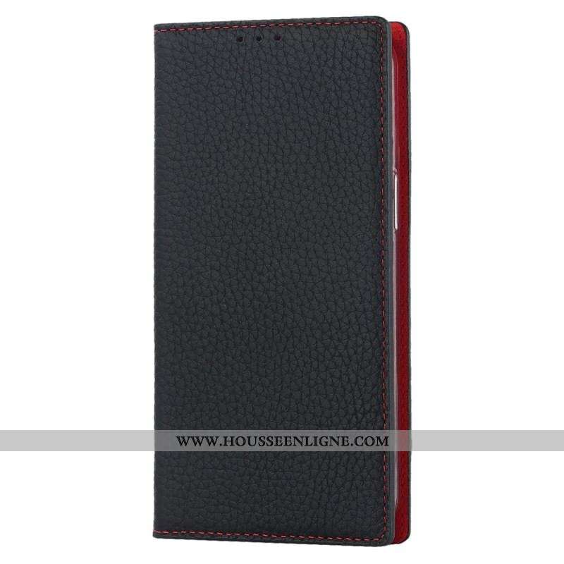 Flip Cover iPhone 14 Plus Cuir Litchi Véritable à Lanière