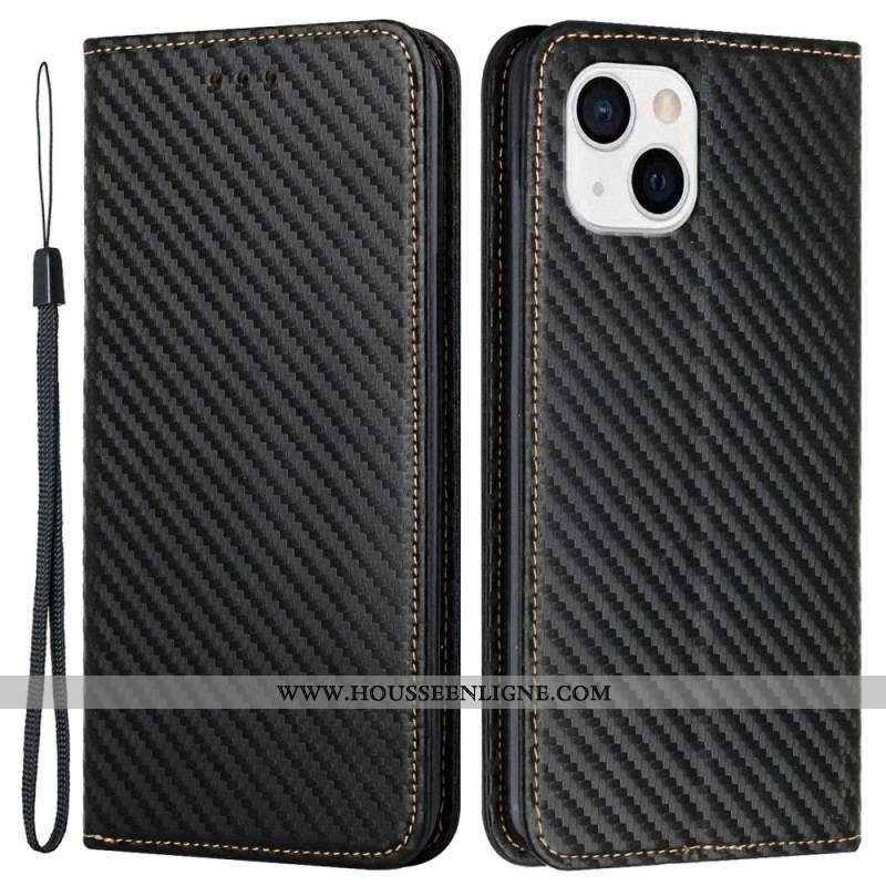 Flip Cover iPhone 14 Plus Fibre Carbone avec Lanière