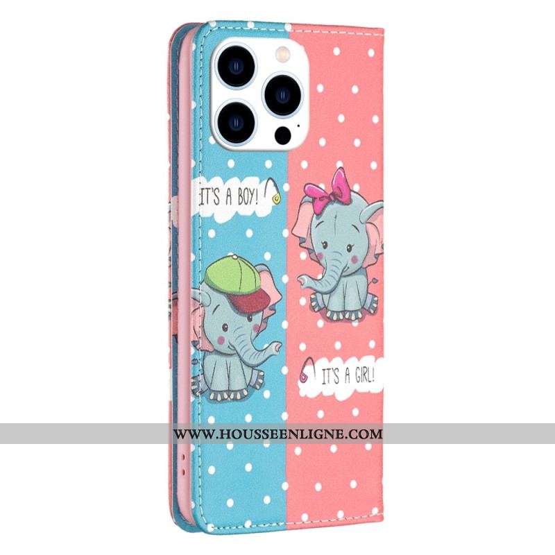 Flip Cover iPhone 14 Pro Bébés Éléphants