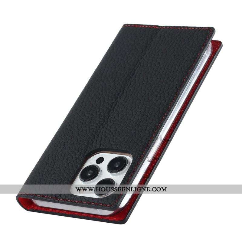 Flip Cover iPhone 14 Pro Cuir Litchi Véritable à Lanière