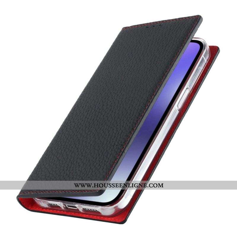 Flip Cover iPhone 14 Pro Cuir Litchi Véritable à Lanière