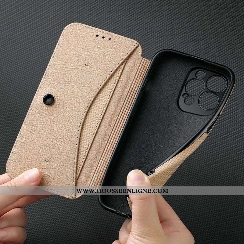 Flip Cover iPhone 14 Pro Fibre Carbone Fermoir Ventouse