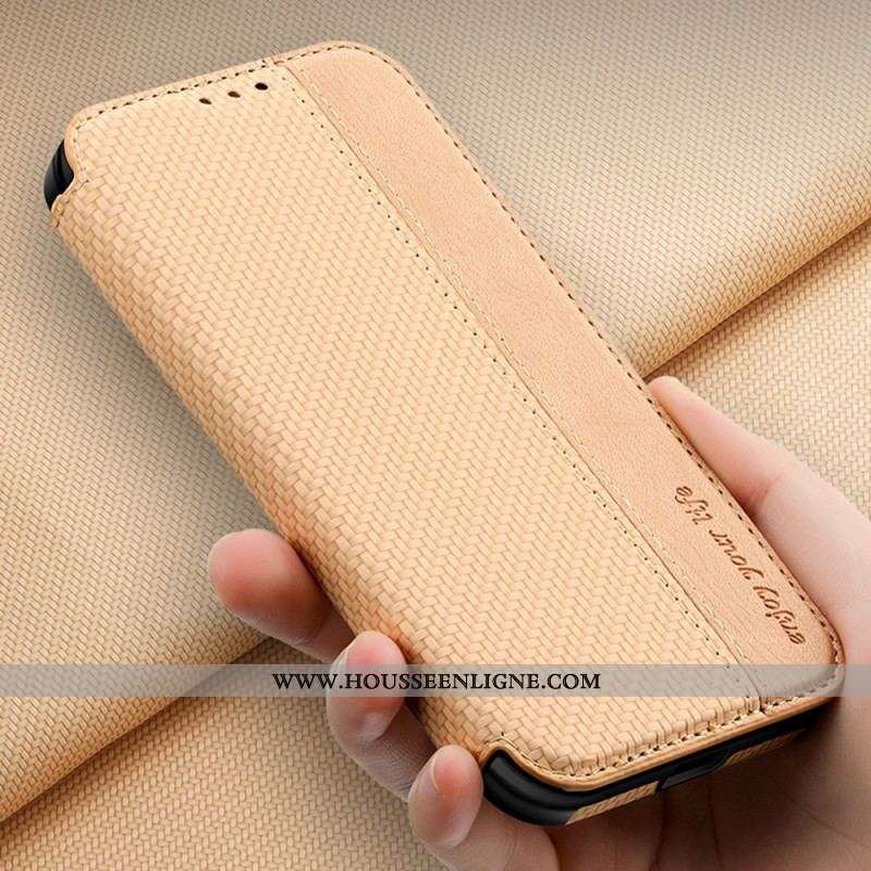 Flip Cover iPhone 14 Pro Max Fibre Carbone Fermoir Ventouse