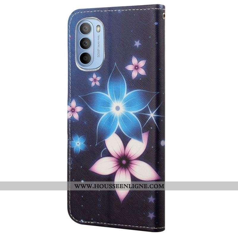 Housse Moto G41 / G31 Fleurs Lunaires à Lanière