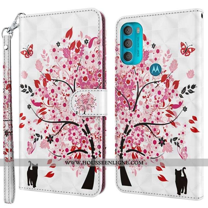 Housse Moto G71 5G Arbre Rose et Chat Noir