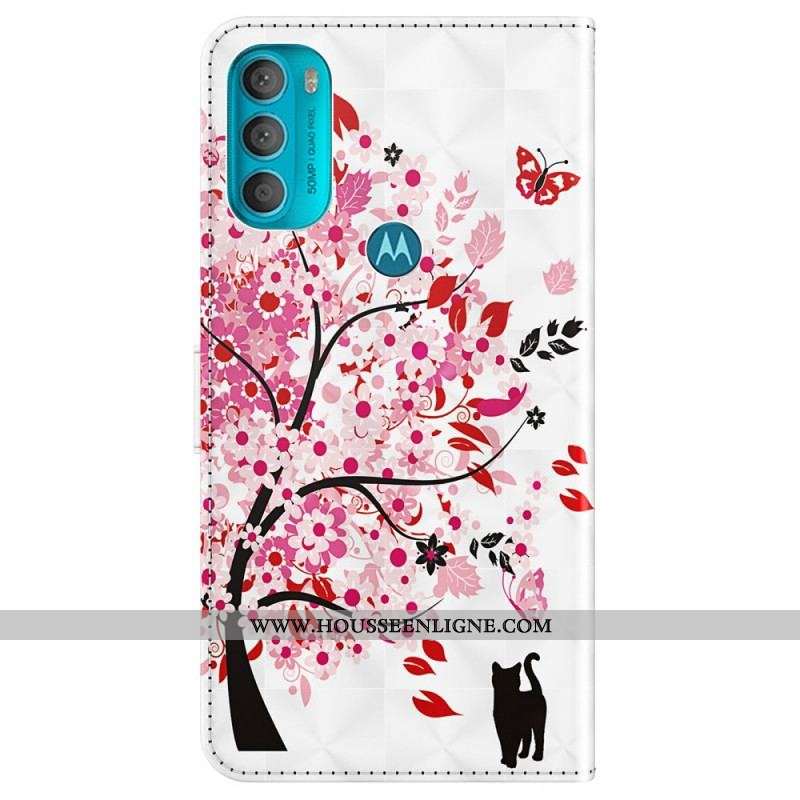 Housse Moto G71 5G Arbre Rose et Chat Noir