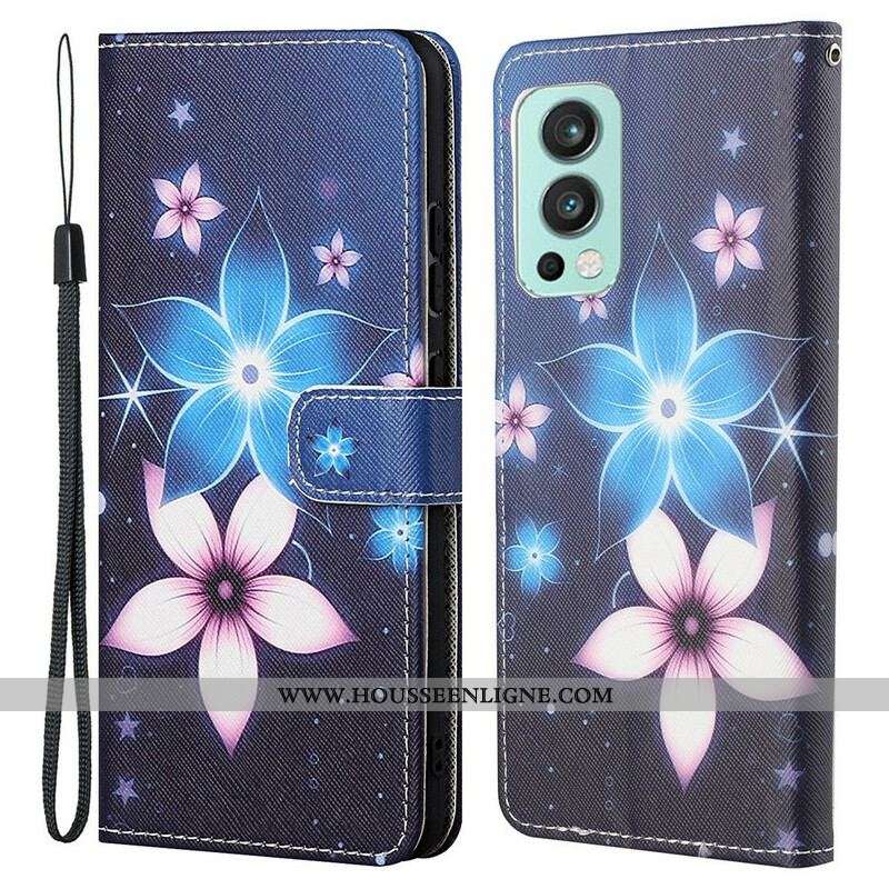 Housse OnePlus Nord 2 5G Fleurs Lunaires à Lanière