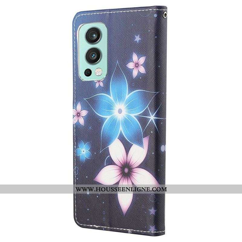 Housse OnePlus Nord 2 5G Fleurs Lunaires à Lanière