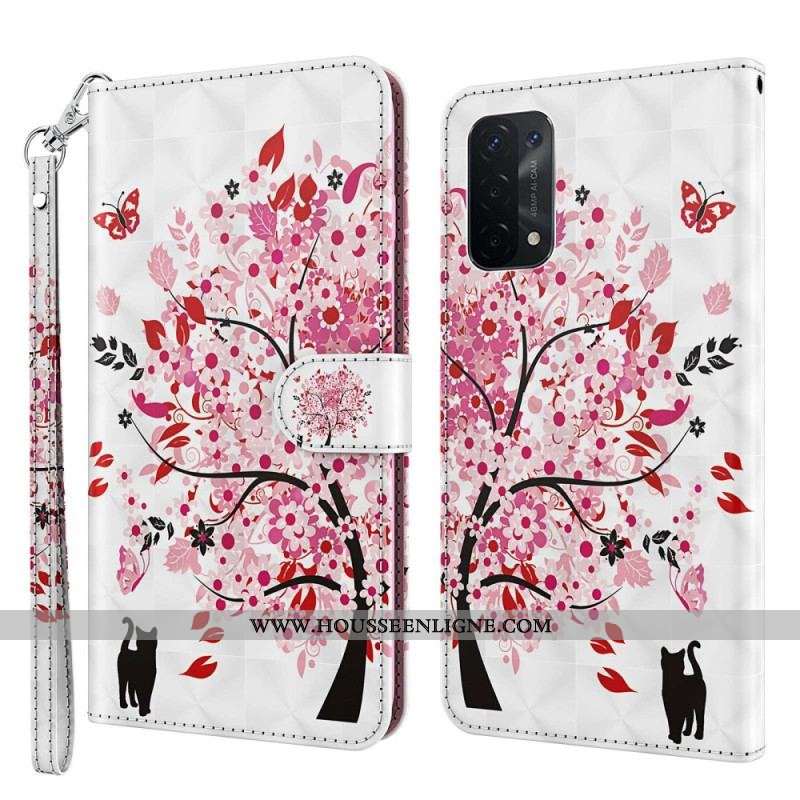 Housse Oppo A54 5G / A74 5G Chat et Arbre à Lanière