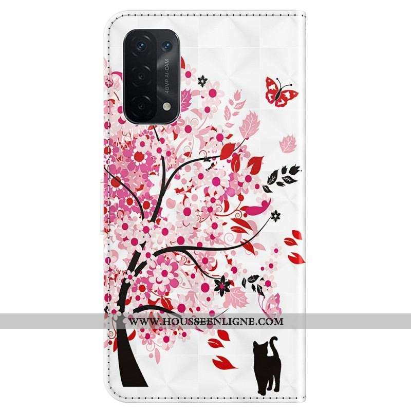 Housse Oppo A54 5G / A74 5G Chat et Arbre à Lanière