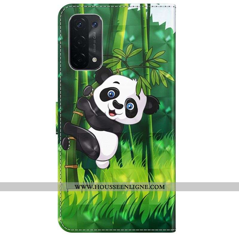 Housse Oppo A54 5G / A74 5G Panda et Bambou à Lanière