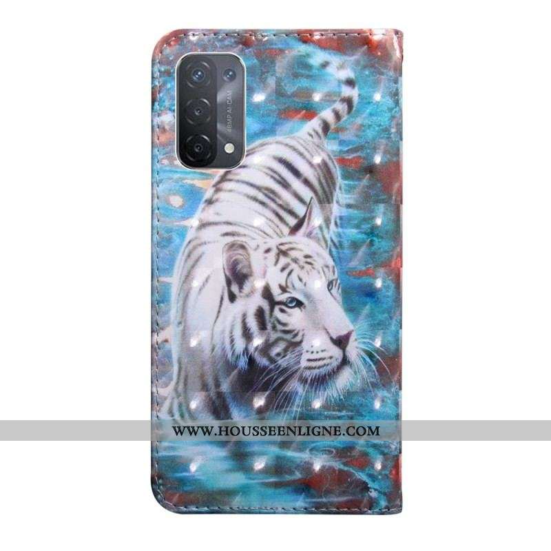 Housse Oppo A54 5G / A74 5G Simili Cuir Tigre avec Lanière