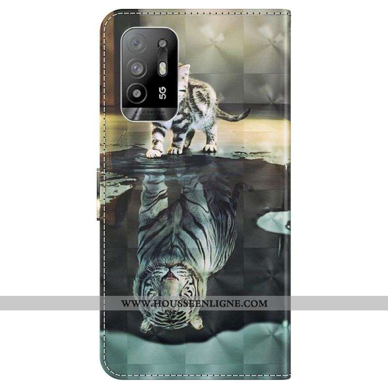 Housse Oppo A94 5G Chat et Tigre avec Lanière